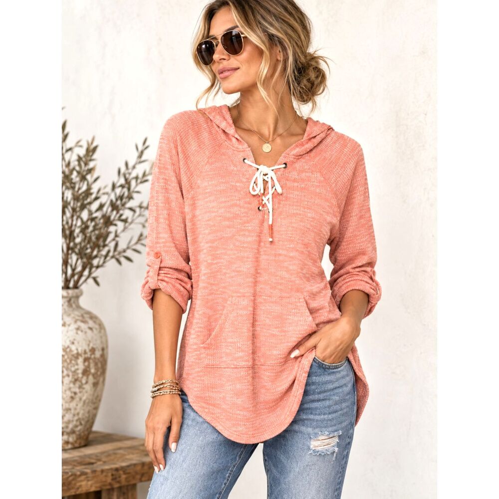 Inspired Hearts M Coral Lace Up Hooded Knit Tunic Top Boho Lightweight